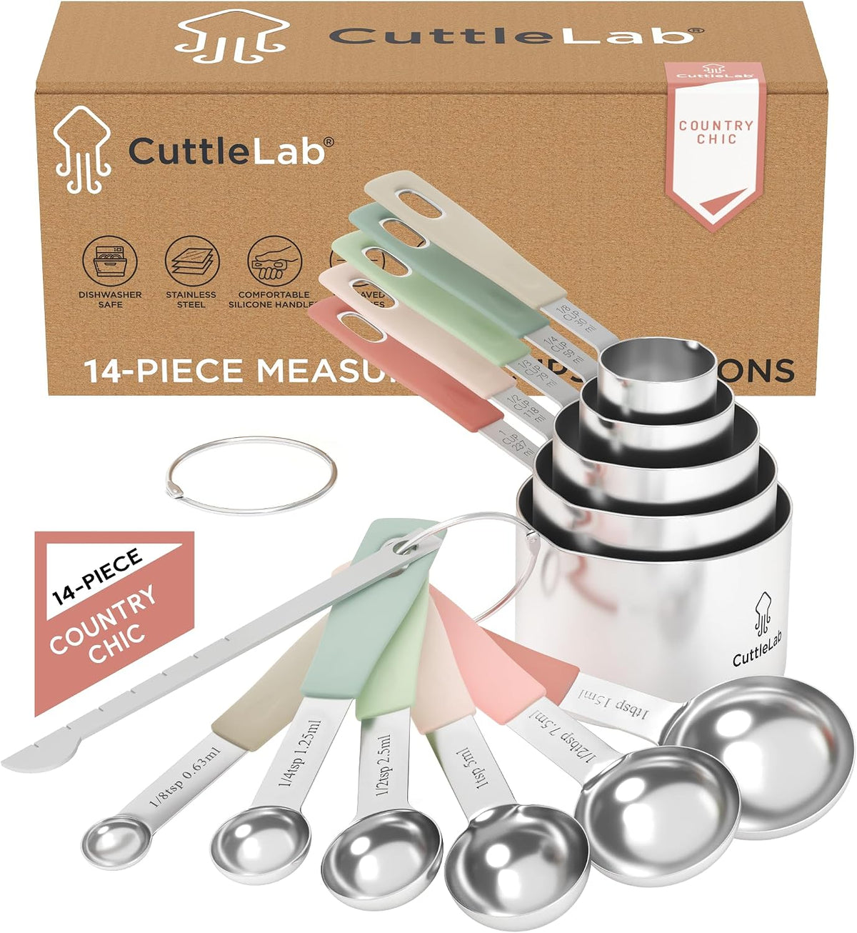Measuring Cups and Measuring Spoons Set of 14 - Stainless Steel Measuring Cups and Spoons Set, Includes 1/8 Teaspoon Measuring Spoon, 1/8 Cup Measuring Cup, Leveler Dry (14, Country Chic)