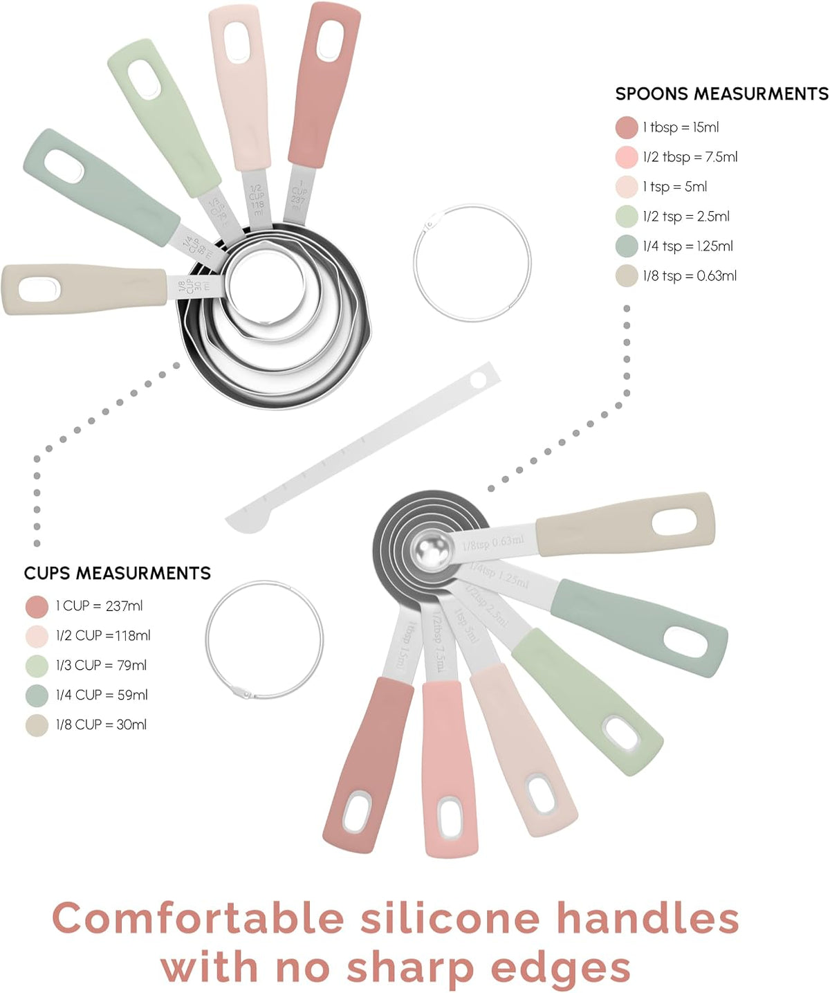 Measuring Cups and Measuring Spoons Set of 14 - Stainless Steel Measuring Cups and Spoons Set, Includes 1/8 Teaspoon Measuring Spoon, 1/8 Cup Measuring Cup, Leveler Dry (14, Country Chic)