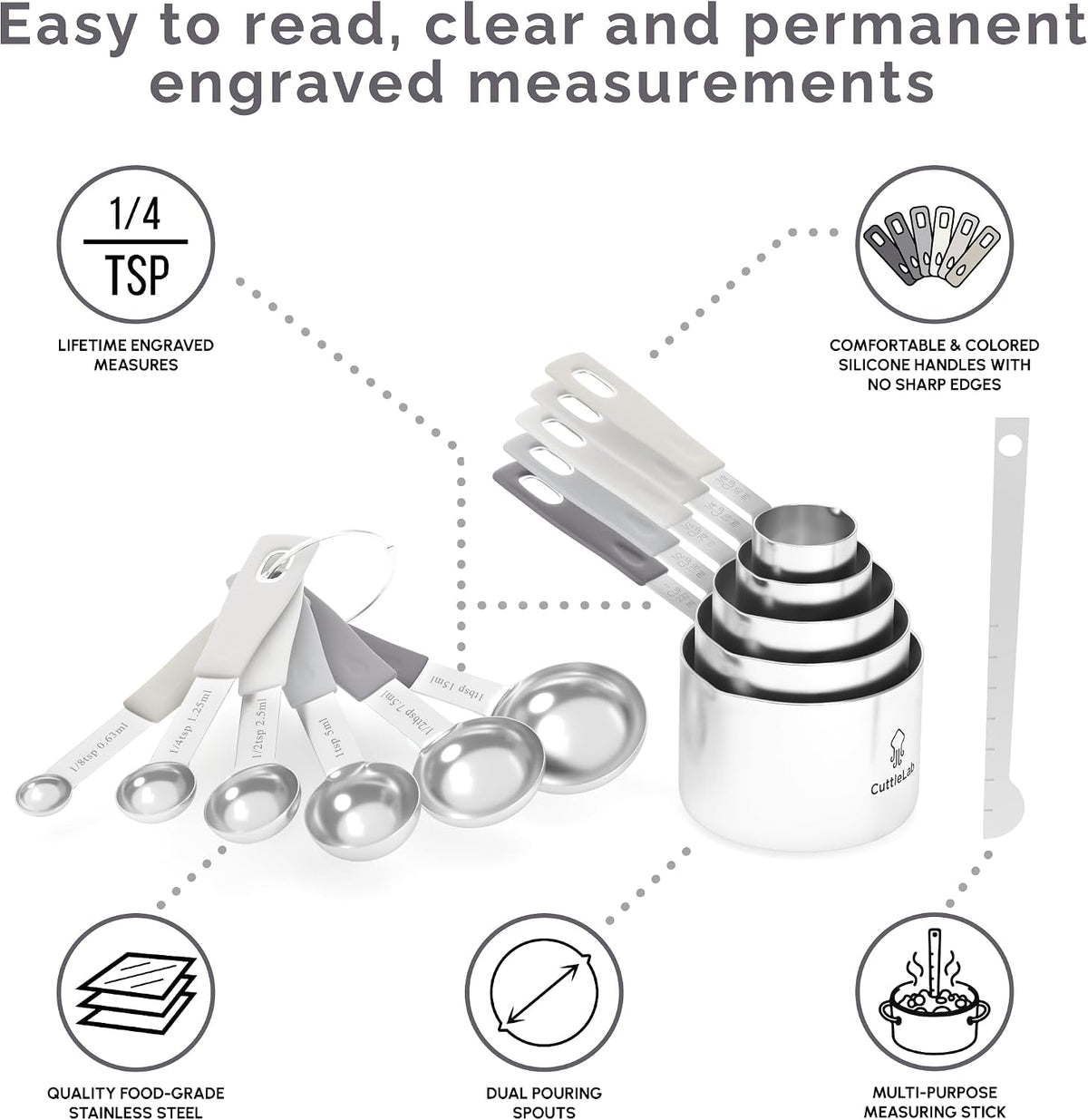 Measuring Cups and Measuring Spoons Set of 14 - Stainless Steel Measuring Cups and Spoons Set, Includes 1/8 Teaspoon Measuring Spoon, 1/8 Cup Measuring Cup, Leveler Dry (14, Country Chic)