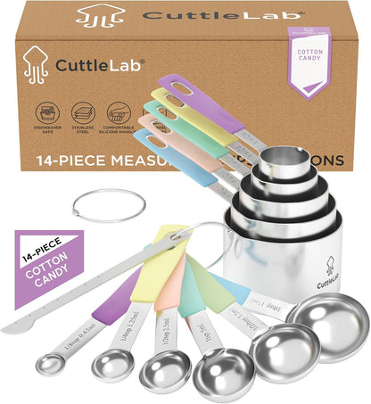 Measuring Cups and Measuring Spoons Set of 14 - Stainless Steel Measuring Cups and Spoons Set, Includes 1/8 Teaspoon Measuring Spoon, 1/8 Cup Measuring Cup, Leveler Dry (14, Country Chic)