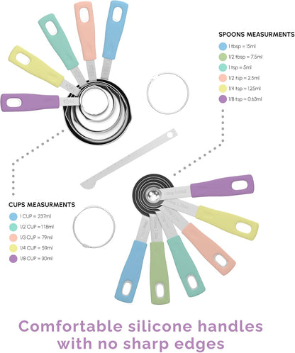 Measuring Cups and Measuring Spoons Set of 14 - Stainless Steel Measuring Cups and Spoons Set, Includes 1/8 Teaspoon Measuring Spoon, 1/8 Cup Measuring Cup, Leveler Dry (14, Country Chic)