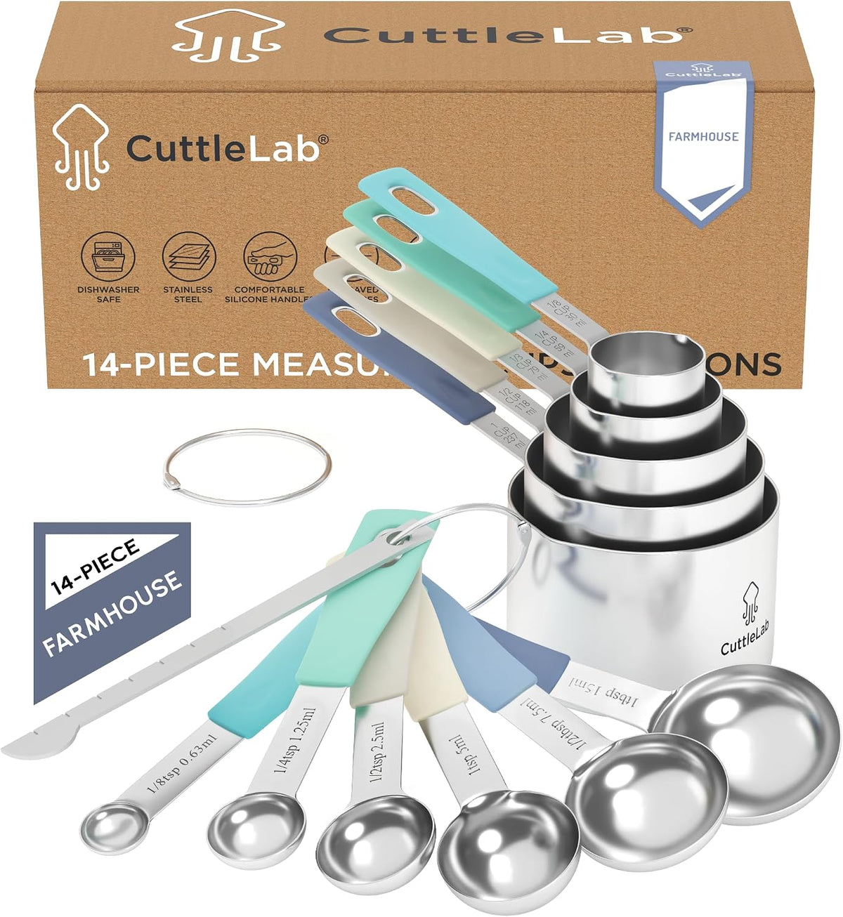 Measuring Cups and Measuring Spoons Set of 14 - Stainless Steel Measuring Cups and Spoons Set, Includes 1/8 Teaspoon Measuring Spoon, 1/8 Cup Measuring Cup, Leveler Dry (14, Country Chic)