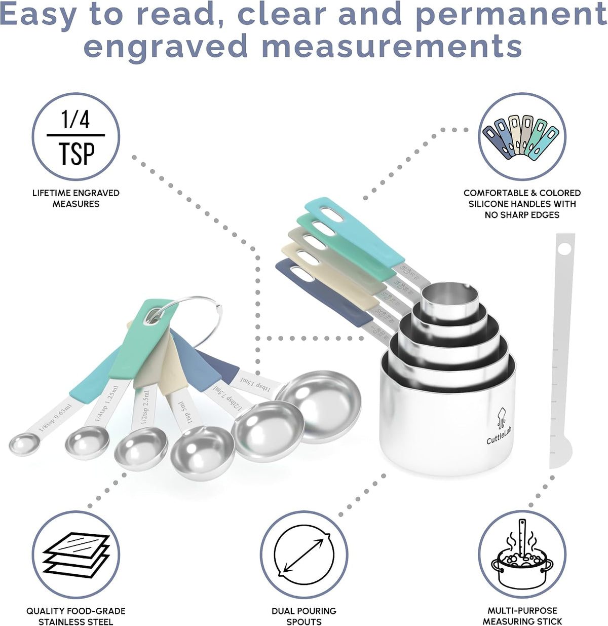 Measuring Cups and Measuring Spoons Set of 14 - Stainless Steel Measuring Cups and Spoons Set, Includes 1/8 Teaspoon Measuring Spoon, 1/8 Cup Measuring Cup, Leveler Dry (14, Country Chic)