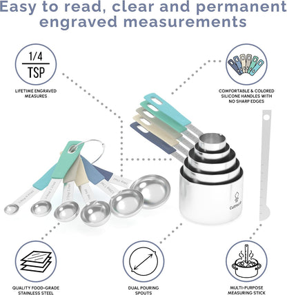 Measuring Cups and Measuring Spoons Set of 14 - Stainless Steel Measuring Cups and Spoons Set, Includes 1/8 Teaspoon Measuring Spoon, 1/8 Cup Measuring Cup, Leveler Dry (14, Country Chic)