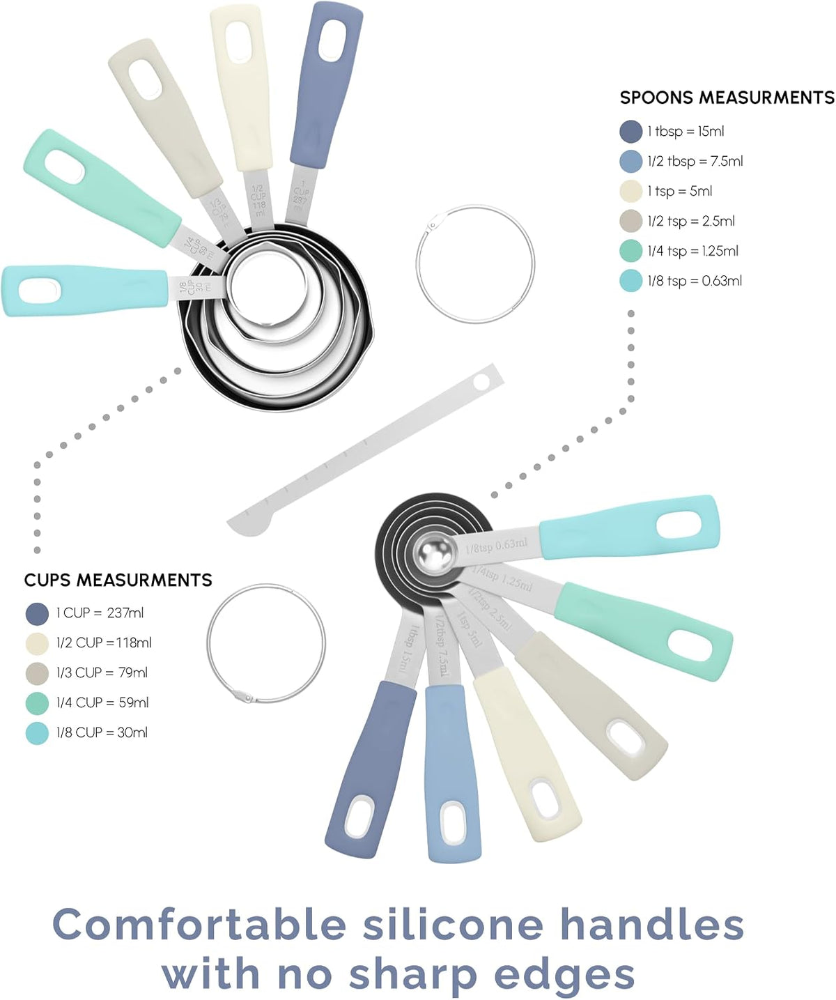 Measuring Cups and Measuring Spoons Set of 14 - Stainless Steel Measuring Cups and Spoons Set, Includes 1/8 Teaspoon Measuring Spoon, 1/8 Cup Measuring Cup, Leveler Dry (14, Country Chic)