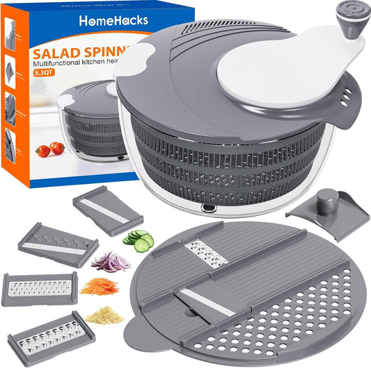 Salad Spinner Large Lettuce Spinner, Large Fruit Cleaner with Double Drainage Holes, 5 Chopping Blades, High Efficiency for Kitchen Washing & Drying Leafy Vegetables, Easy Press (Grey)