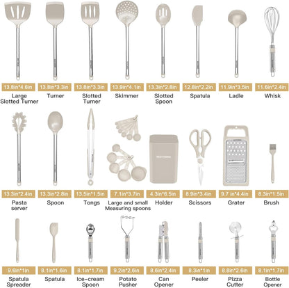 Kitchen Utensil Set-Silicone Cooking Utensils-33 Kitchen Gadgets & Spoons for Nonstick Cookware-Silicone and Stainless Steel Spatula Set-Best Kitchen Tools, Useful Pots and Pans Accessories