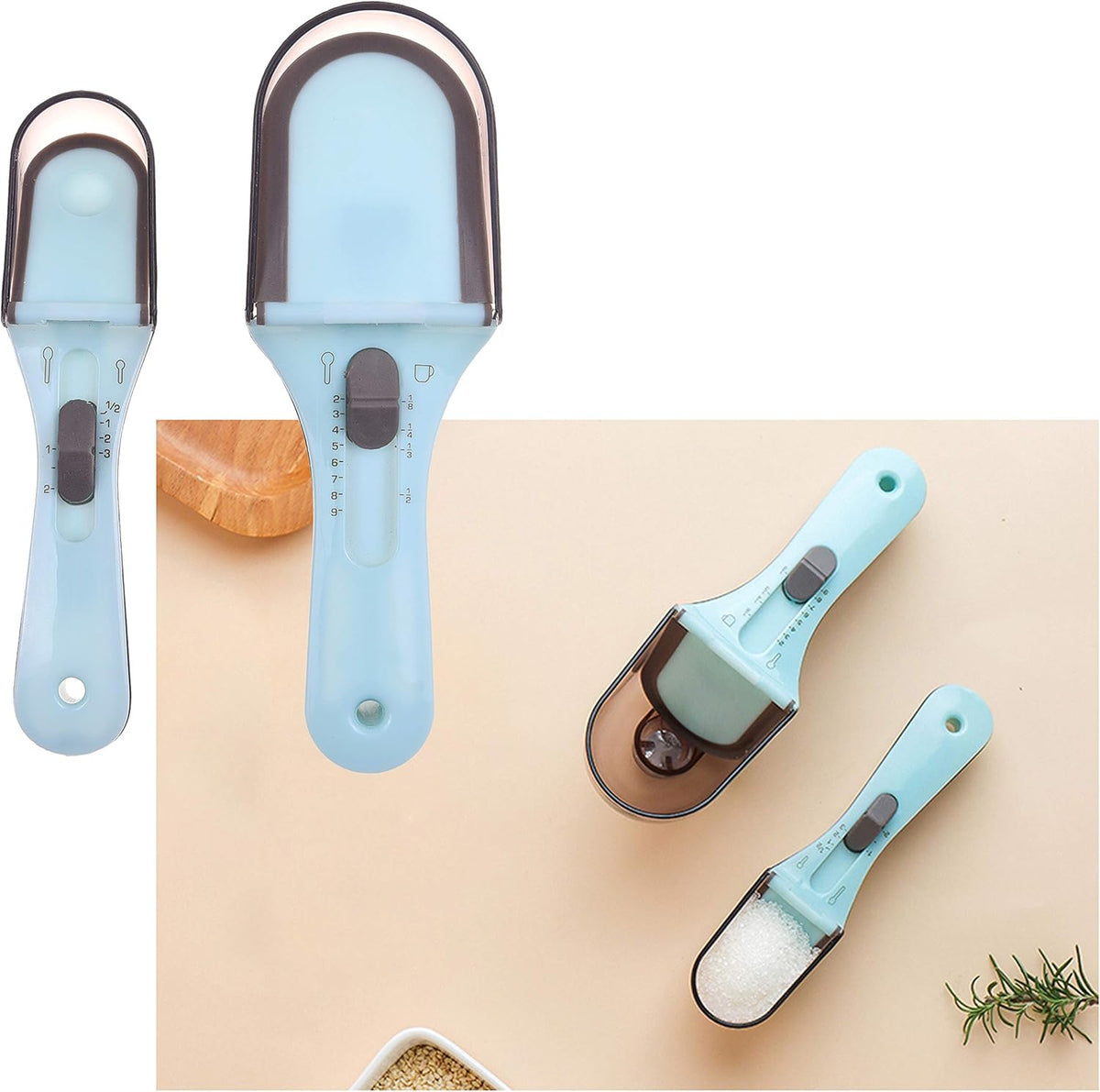 2x Adjustable Measuring Cups/Spoons - Large and Small - Imperial and Metric - Oz, Ml, Cups, Tbsp, Tsp - Adjustable Space Saving Kitchen Tool for Cooking and Baking - Wet and Dry