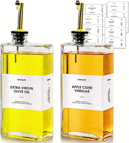Olive Oil Dispenser For Kitchen, Glass Oil Bottle 500ML Oil And Vinegar Dispenser Set Of 2, Cooking Oil Dispenser With 2 Stainless Steel Pourers & 44 Labels, Soy Sauce Dispenser, Coffee Syrup Bottles