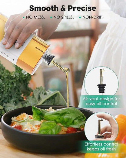 Olive Oil Dispenser For Kitchen, Glass Oil Bottle 500ML Oil And Vinegar Dispenser Set Of 2, Cooking Oil Dispenser With 2 Stainless Steel Pourers & 44 Labels, Soy Sauce Dispenser, Coffee Syrup Bottles