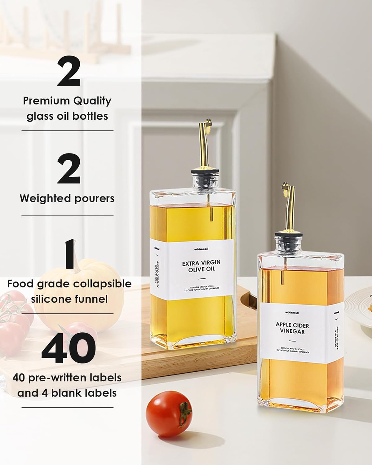 Olive Oil Dispenser For Kitchen, Glass Oil Bottle 500ML Oil And Vinegar Dispenser Set Of 2, Cooking Oil Dispenser With 2 Stainless Steel Pourers & 44 Labels, Soy Sauce Dispenser, Coffee Syrup Bottles