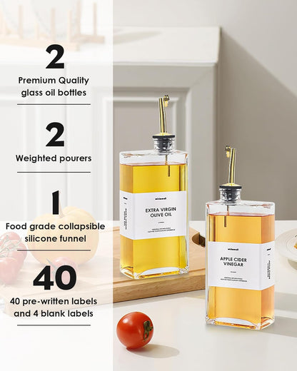 Olive Oil Dispenser For Kitchen, Glass Oil Bottle 500ML Oil And Vinegar Dispenser Set Of 2, Cooking Oil Dispenser With 2 Stainless Steel Pourers & 44 Labels, Soy Sauce Dispenser, Coffee Syrup Bottles