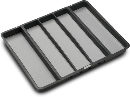 Expandable Utensil Tray, 8 Compartment Organizer for Forks, Knives & Spoons, Deep Storage for Ladles, Whisks & Serving Tools Non Slip, Soft Grip Base, Expands to Fit Most Drawers, Carbon