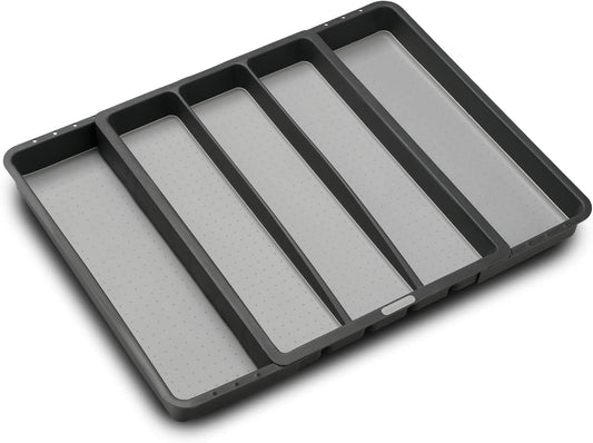 Expandable Utensil Tray, 8 Compartment Organizer for Forks, Knives & Spoons, Deep Storage for Ladles, Whisks & Serving Tools Non Slip, Soft Grip Base, Expands to Fit Most Drawers, Carbon