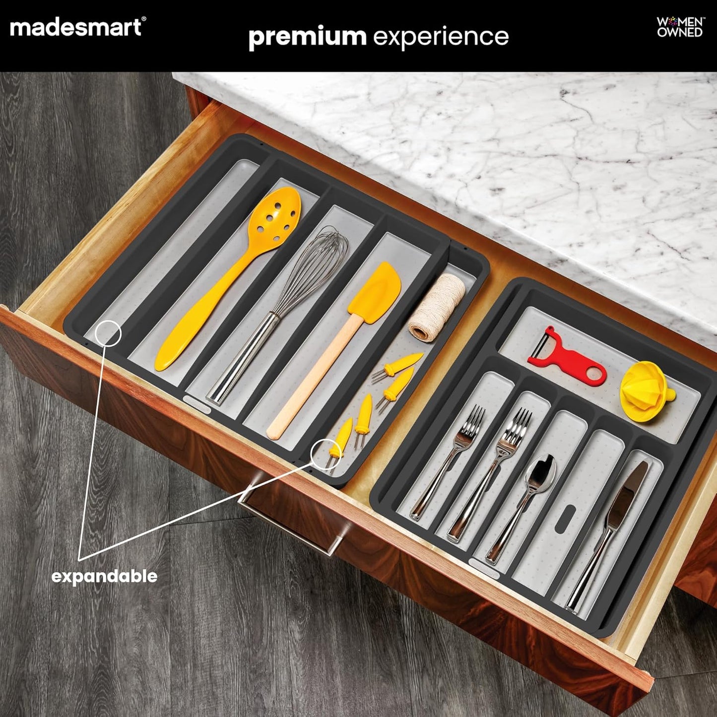 Expandable Utensil Tray, 8 Compartment Organizer for Forks, Knives & Spoons, Deep Storage for Ladles, Whisks & Serving Tools Non Slip, Soft Grip Base, Expands to Fit Most Drawers, Carbon