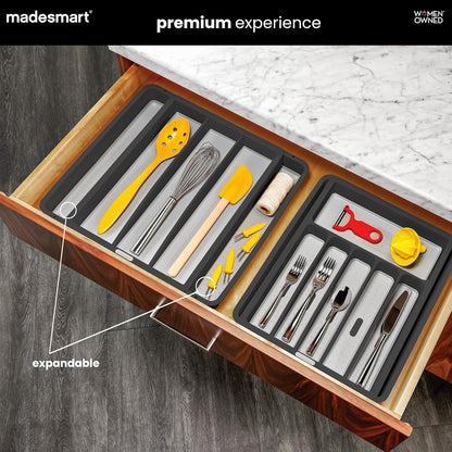 Expandable Utensil Tray, 8 Compartment Organizer for Forks, Knives & Spoons, Deep Storage for Ladles, Whisks & Serving Tools Non Slip, Soft Grip Base, Expands to Fit Most Drawers, Carbon