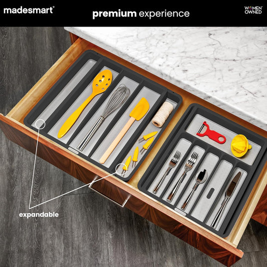 Expandable Utensil Tray, 8 Compartment Organizer for Forks, Knives & Spoons, Deep Storage for Ladles, Whisks & Serving Tools Non Slip, Soft Grip Base, Expands to Fit Most Drawers, Carbon
