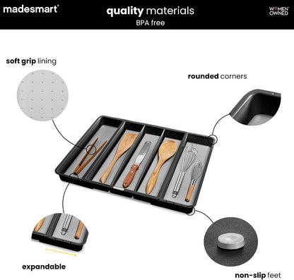 Expandable Utensil Tray, 8 Compartment Organizer for Forks, Knives & Spoons, Deep Storage for Ladles, Whisks & Serving Tools Non Slip, Soft Grip Base, Expands to Fit Most Drawers, Carbon