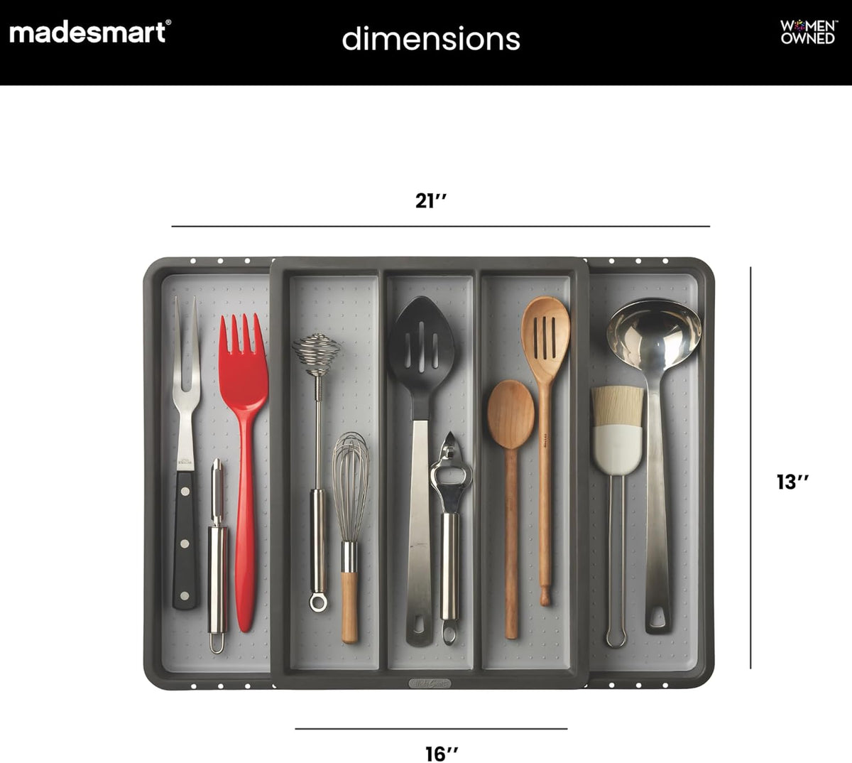 Expandable Utensil Tray, 8 Compartment Organizer for Forks, Knives & Spoons, Deep Storage for Ladles, Whisks & Serving Tools Non Slip, Soft Grip Base, Expands to Fit Most Drawers, Carbon