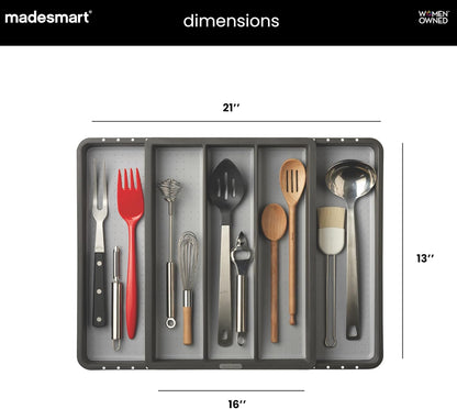 Expandable Utensil Tray, 8 Compartment Organizer for Forks, Knives & Spoons, Deep Storage for Ladles, Whisks & Serving Tools Non Slip, Soft Grip Base, Expands to Fit Most Drawers, Carbon