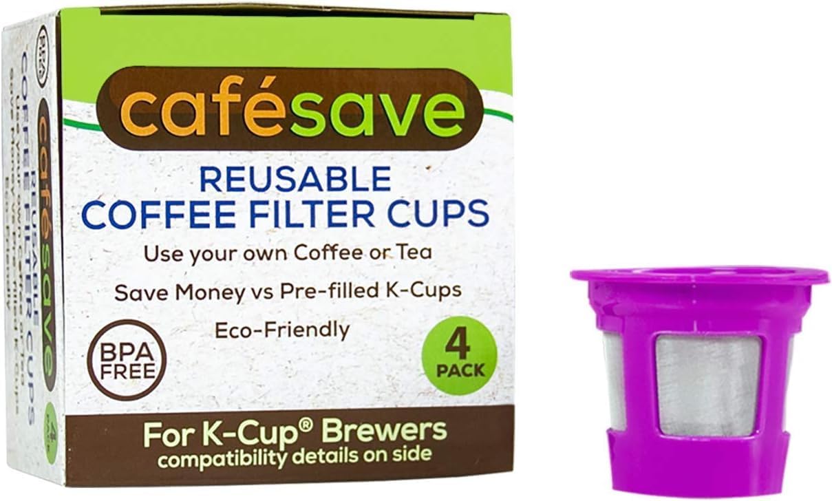 Café Save Reusable K-Cup Coffee Pods and EZ-Scoop, 4 Pack | Four 1-Stream Refillable Capsules + 1 EZ-Scoop with Built-In Funnel, Works with Keurig & Select Single Cup Coffee Makers