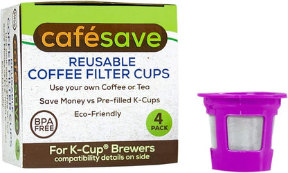 Café Save Reusable K-Cup Coffee Pods and EZ-Scoop, 4 Pack | Four 1-Stream Refillable Capsules + 1 EZ-Scoop with Built-In Funnel, Works with Keurig & Select Single Cup Coffee Makers