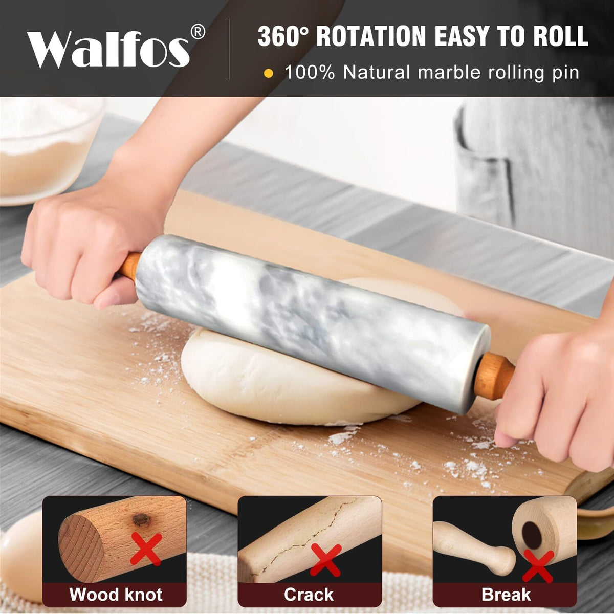 Marble Rolling Pin With Wooden Handles & Wood Cradle, 16.5 Inch Marble Rolling Pins For Making Pizza Dough And Tortillas, Dough Roller For Pie Crust, Cookie, Pasta (Gray & White)