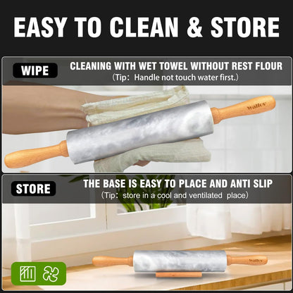 Marble Rolling Pin With Wooden Handles & Wood Cradle, 16.5 Inch Marble Rolling Pins For Making Pizza Dough And Tortillas, Dough Roller For Pie Crust, Cookie, Pasta (Gray & White)