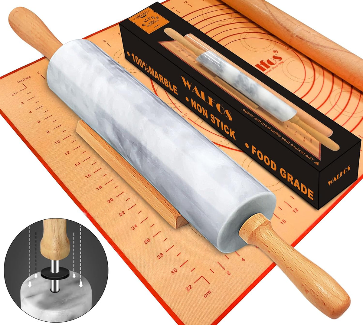 Marble Rolling Pin With Wooden Handles & Wood Cradle, 16.5 Inch Marble Rolling Pins For Making Pizza Dough And Tortillas, Dough Roller For Pie Crust, Cookie, Pasta (Gray & White)
