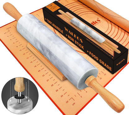 Marble Rolling Pin With Wooden Handles & Wood Cradle, 16.5 Inch Marble Rolling Pins For Making Pizza Dough And Tortillas, Dough Roller For Pie Crust, Cookie, Pasta (Gray & White)