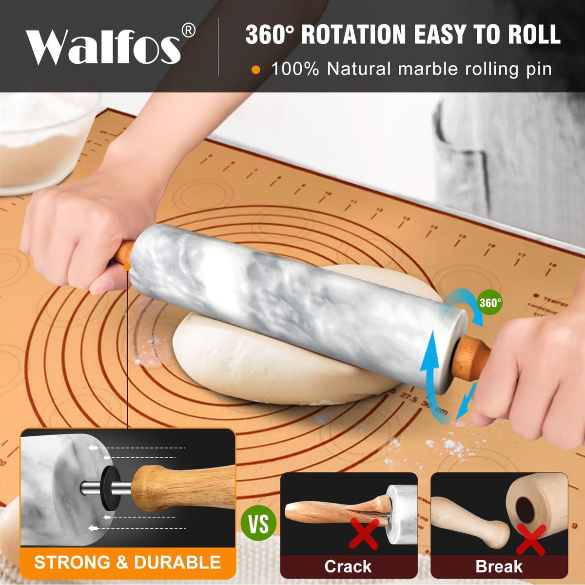Marble Rolling Pin With Wooden Handles & Wood Cradle, 16.5 Inch Marble Rolling Pins For Making Pizza Dough And Tortillas, Dough Roller For Pie Crust, Cookie, Pasta (Gray & White)