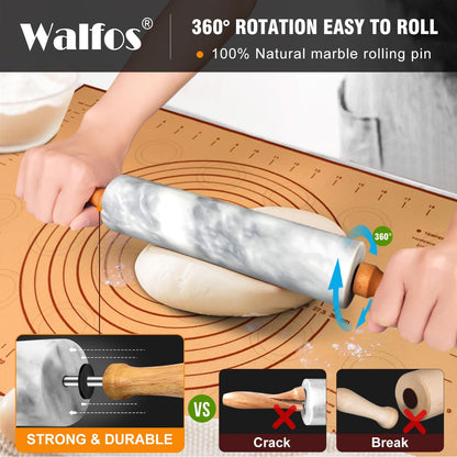 Marble Rolling Pin With Wooden Handles & Wood Cradle, 16.5 Inch Marble Rolling Pins For Making Pizza Dough And Tortillas, Dough Roller For Pie Crust, Cookie, Pasta (Gray & White)