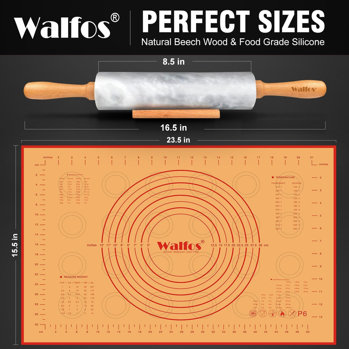 Marble Rolling Pin With Wooden Handles & Wood Cradle, 16.5 Inch Marble Rolling Pins For Making Pizza Dough And Tortillas, Dough Roller For Pie Crust, Cookie, Pasta (Gray & White)