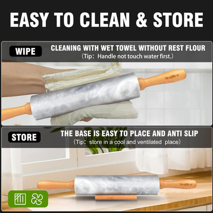 Marble Rolling Pin With Wooden Handles & Wood Cradle, 16.5 Inch Marble Rolling Pins For Making Pizza Dough And Tortillas, Dough Roller For Pie Crust, Cookie, Pasta (Gray & White)