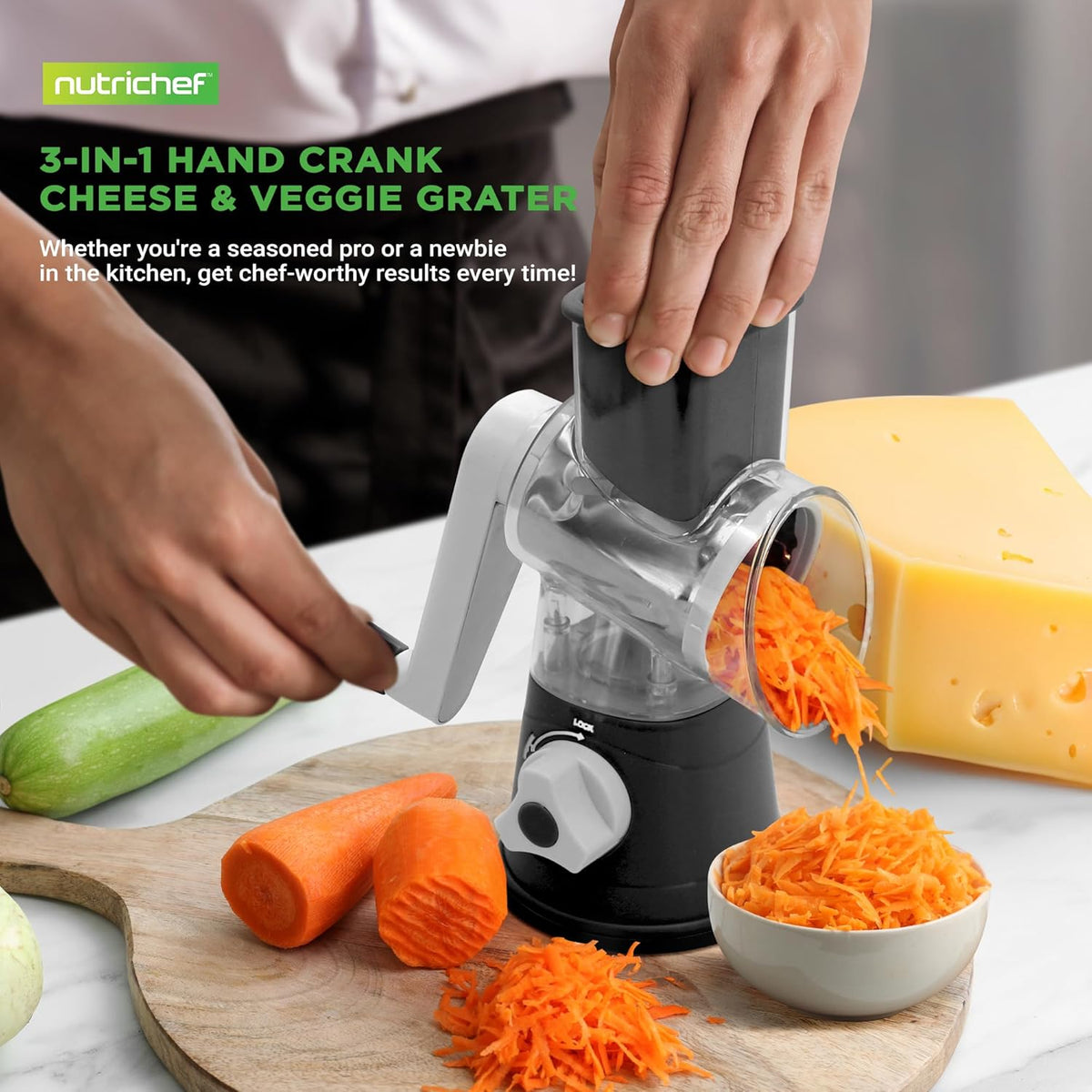 Nutrichef 3 in 1 Cheese Grater & Shredder | Strong Suction Base, Rotary Handle with Safety Lock | Includes Cleaning Brush, Hand Crank & 3 Drum Blades for 3 Textures, Fine, Medium & Strips | Black