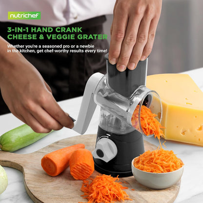 Nutrichef 3 in 1 Cheese Grater & Shredder | Strong Suction Base, Rotary Handle with Safety Lock | Includes Cleaning Brush, Hand Crank & 3 Drum Blades for 3 Textures, Fine, Medium & Strips | Black
