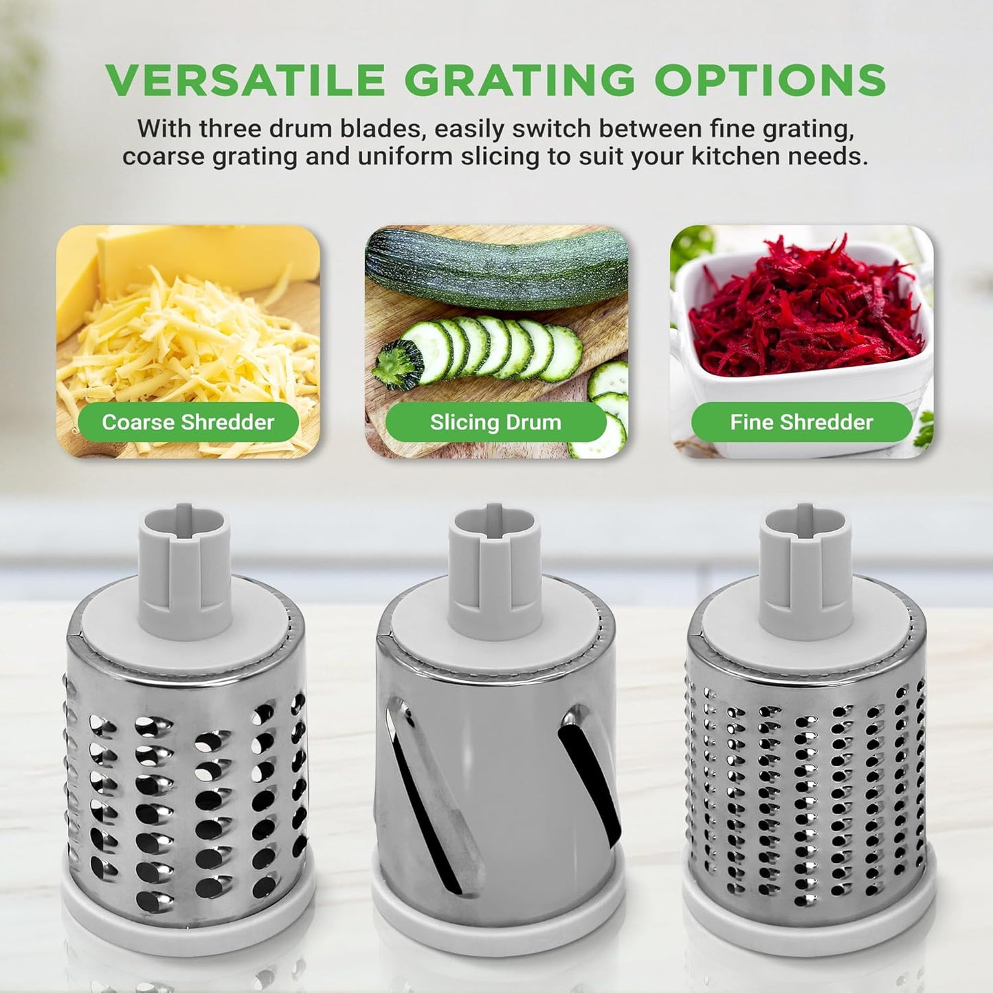 Nutrichef 3 in 1 Cheese Grater & Shredder | Strong Suction Base, Rotary Handle with Safety Lock | Includes Cleaning Brush, Hand Crank & 3 Drum Blades for 3 Textures, Fine, Medium & Strips | Black