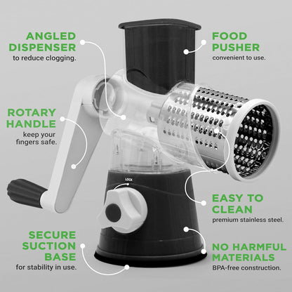 Nutrichef 3 in 1 Cheese Grater & Shredder | Strong Suction Base, Rotary Handle with Safety Lock | Includes Cleaning Brush, Hand Crank & 3 Drum Blades for 3 Textures, Fine, Medium & Strips | Black