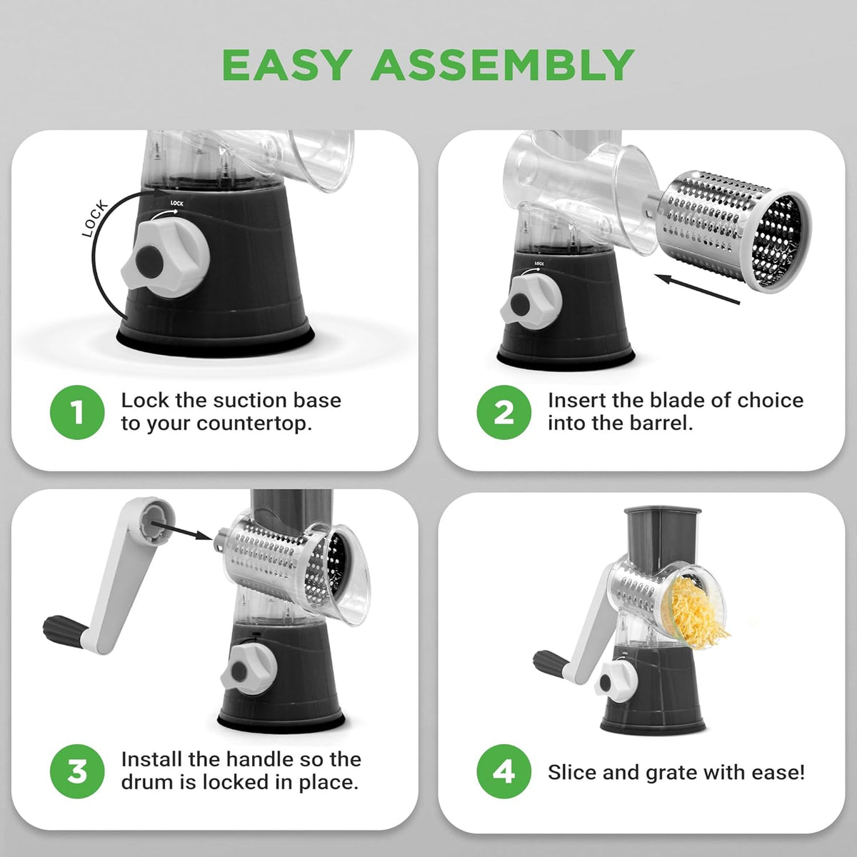 Nutrichef 3 in 1 Cheese Grater & Shredder | Strong Suction Base, Rotary Handle with Safety Lock | Includes Cleaning Brush, Hand Crank & 3 Drum Blades for 3 Textures, Fine, Medium & Strips | Black