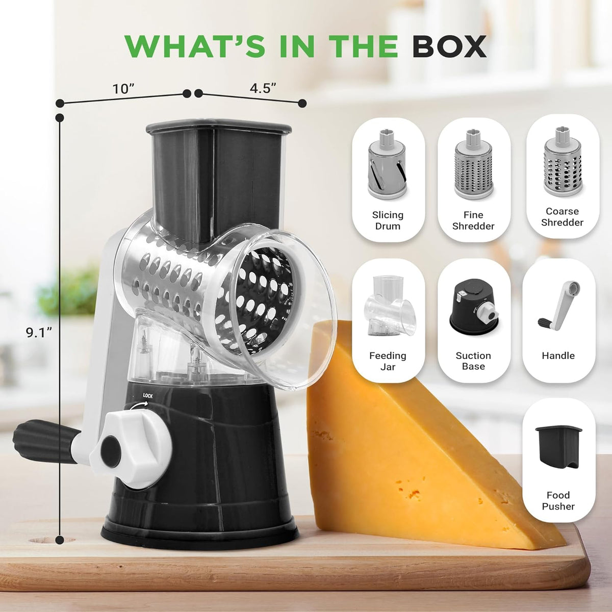 Nutrichef 3 in 1 Cheese Grater & Shredder | Strong Suction Base, Rotary Handle with Safety Lock | Includes Cleaning Brush, Hand Crank & 3 Drum Blades for 3 Textures, Fine, Medium & Strips | Black