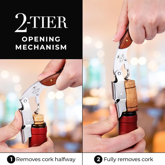 Corkscrew Wine Opener - Premium 420 Stainless Steel & Rosewood Wine Bottle Opener - Double Hinged Opener with Foil Cutter & Cap Remover - Rosewood