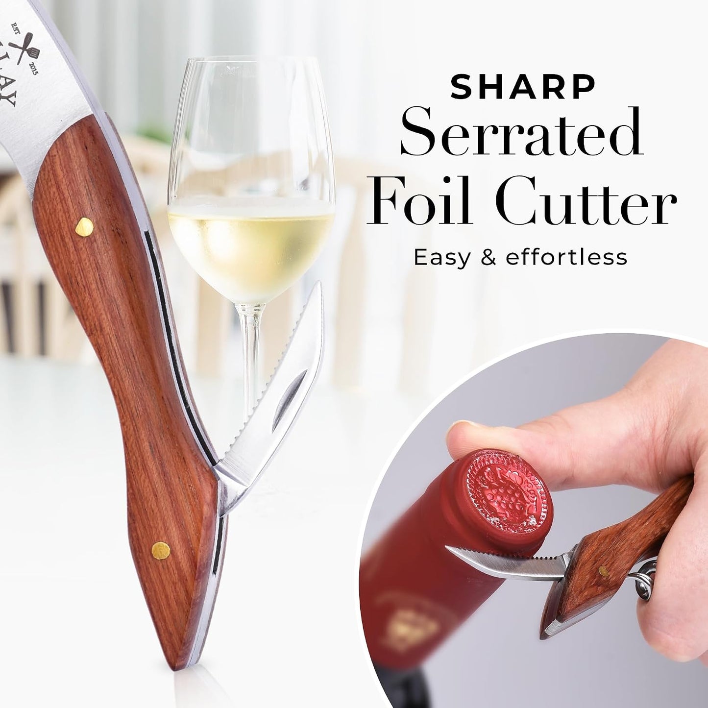 Corkscrew Wine Opener - Premium 420 Stainless Steel & Rosewood Wine Bottle Opener - Double Hinged Opener with Foil Cutter & Cap Remover - Rosewood