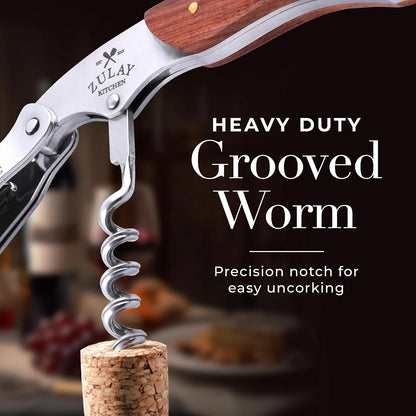 Corkscrew Wine Opener - Premium 420 Stainless Steel & Rosewood Wine Bottle Opener - Double Hinged Opener with Foil Cutter & Cap Remover - Rosewood
