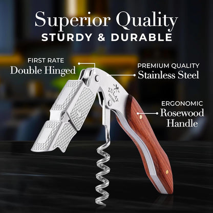 Corkscrew Wine Opener - Premium 420 Stainless Steel & Rosewood Wine Bottle Opener - Double Hinged Opener with Foil Cutter & Cap Remover - Rosewood