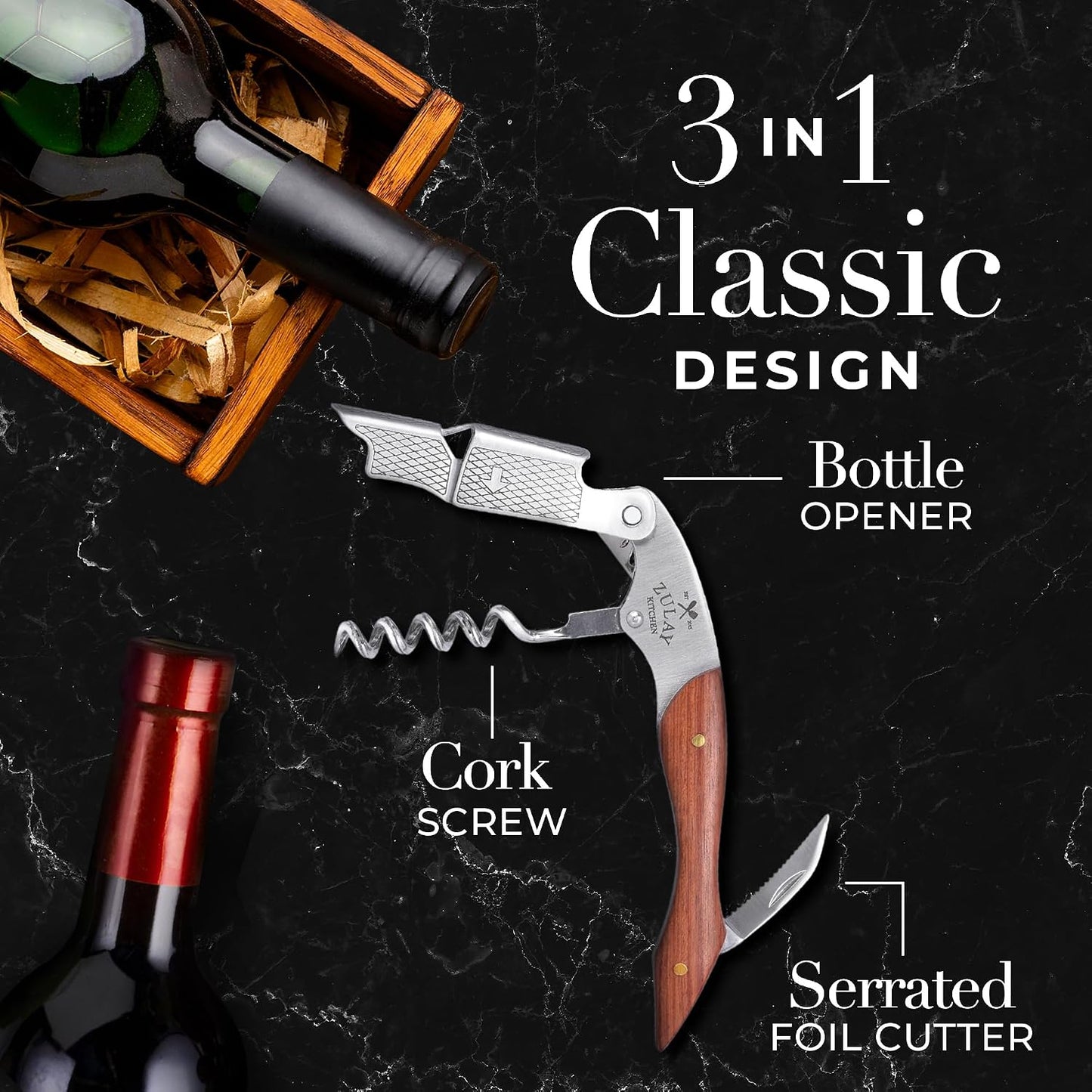 Corkscrew Wine Opener - Premium 420 Stainless Steel & Rosewood Wine Bottle Opener - Double Hinged Opener with Foil Cutter & Cap Remover - Rosewood