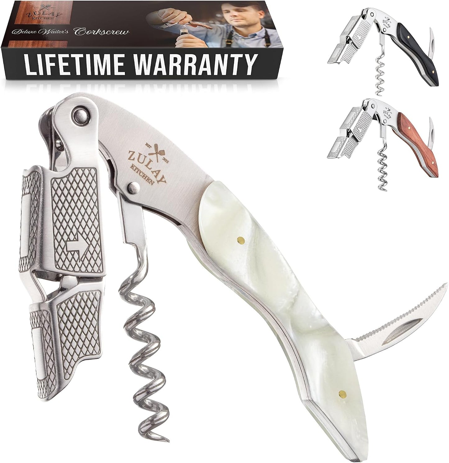 Corkscrew Wine Opener - Premium 420 Stainless Steel & Rosewood Wine Bottle Opener - Double Hinged Opener with Foil Cutter & Cap Remover - Rosewood