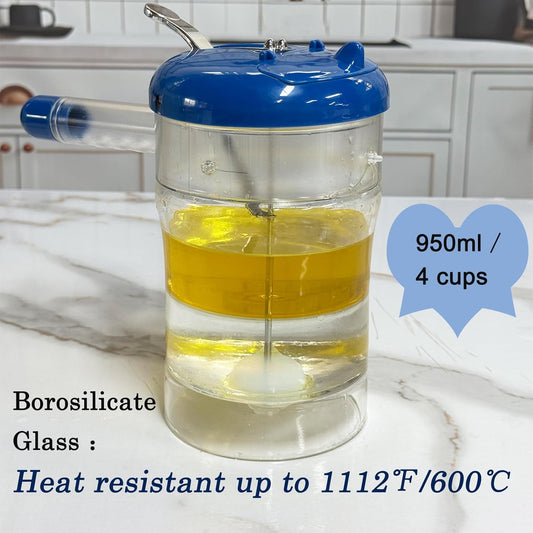 Glass Fat Gravy Separator, 4Cup, 304 Stainless Steel Strainer | 600℃ Heat-resistant, Bottom Release