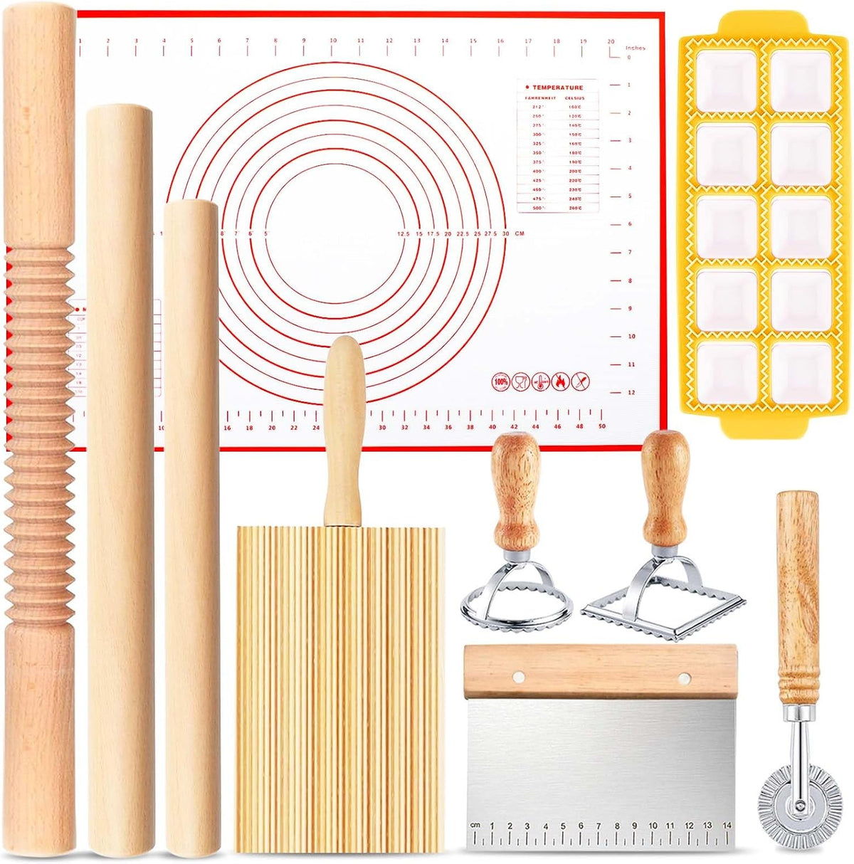 Wooden Rolling Pins for Baking, Small Dough Roller with Handle, Stainless Steel Pastry Blender Set with Pizza Dough Roller Docker, Pastry Cutter, Dough Cutter, Baking Mat, for Home Kitchen Cooking