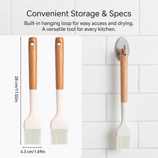 Silicone Basting Pastry Brush 2 PCS Silicone Oil Brushes with Wooden Handle Durable Heat Resistant Kitchen Brush for Cooking Baking Grilling Spreading BBQ Oil Butter Easy to Clean