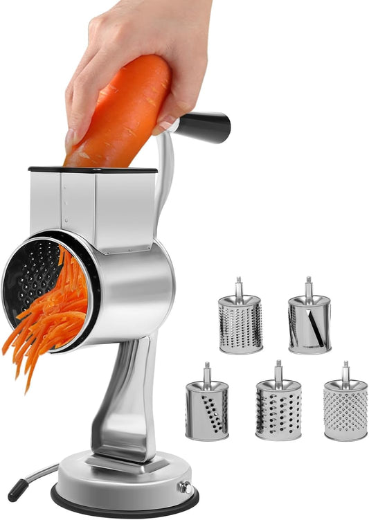 5-in-1 Stainless Steel Rotary Cheese Grater & Vegetable Slicer with 5 Interchangeable Blades, Countertop Cheese Grater Manual Kitchen Shredder Round Food Chopper for Fruit, Vegetables, Nuts and More